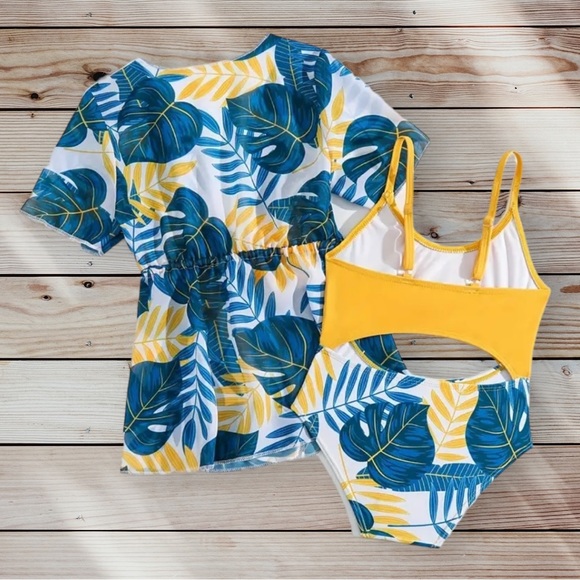 Girl’s 3pc Tropical Print One-piece Bathing Suit and Coverup Set - Picture 3 of 3